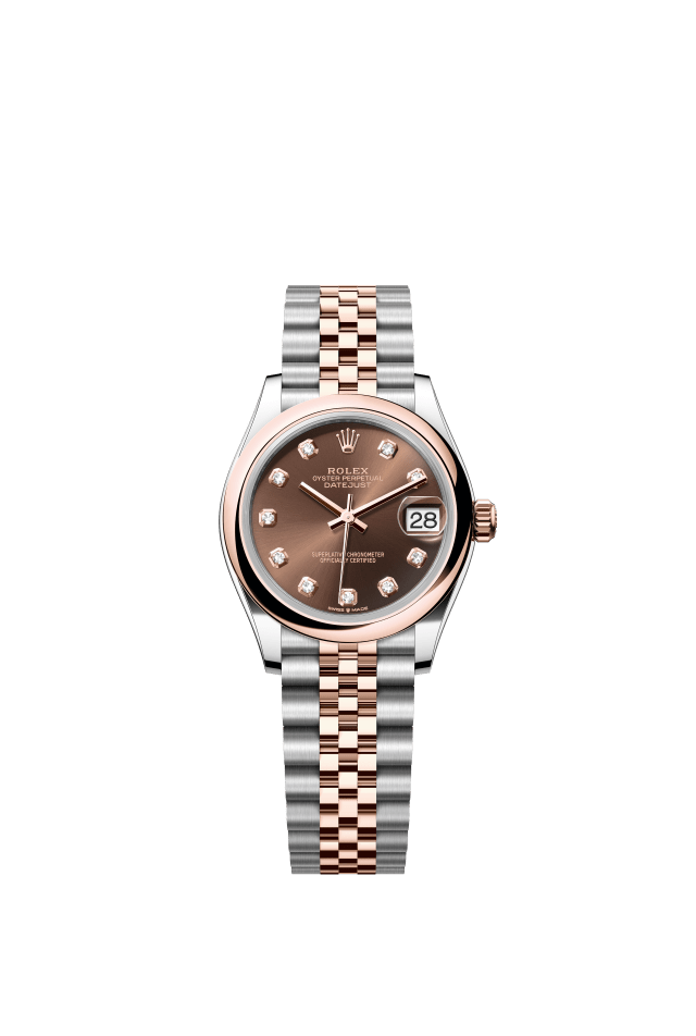 Rolex Datejust 31, Oyster, 31 mm, Oystersteel and Everose gold, chocolate set with diamonds dial