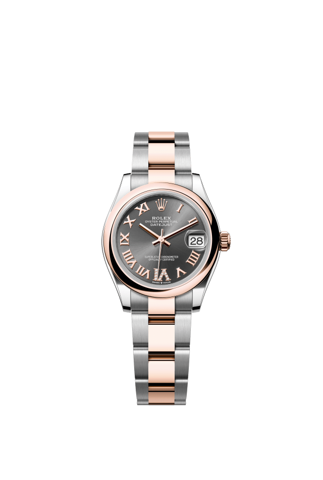 Rolex Datejust 31, Oyster, 31 mm, Oystersteel and Everose gold, slate set with diamonds dial