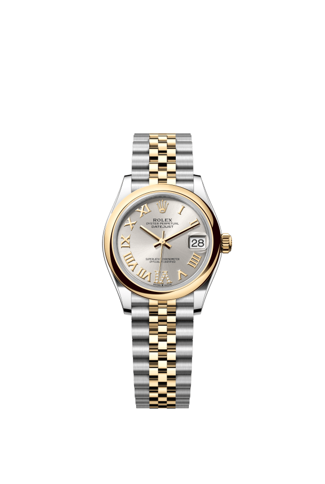 Rolex Datejust 31, Oyster, 31 mm, Oystersteel and yellow gold, silver set with diamonds dial