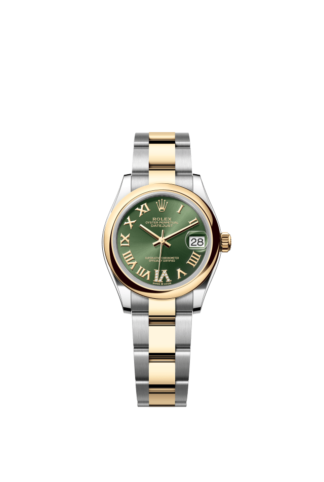 Rolex Datejust 31, Oyster, 31 mm, Oystersteel and yellow gold, olive green set with diamonds dial