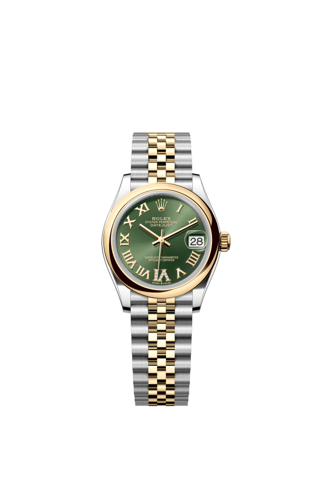 Rolex Datejust 31, Oyster, 31 mm, Oystersteel and yellow gold, olive green set with diamonds dial