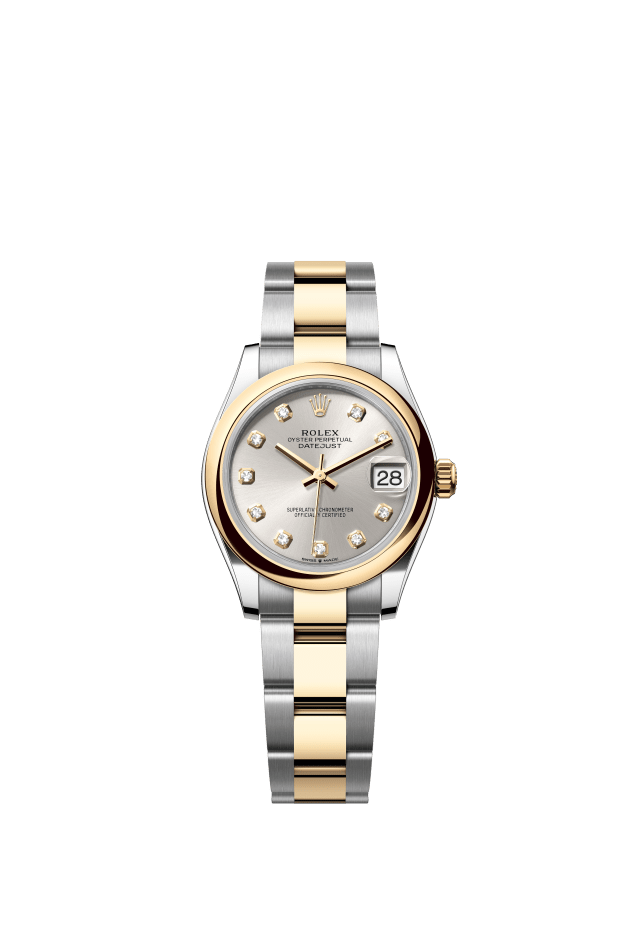Rolex Datejust 31, Oyster, 31 mm, Oystersteel and yellow gold, silver set with diamonds dial