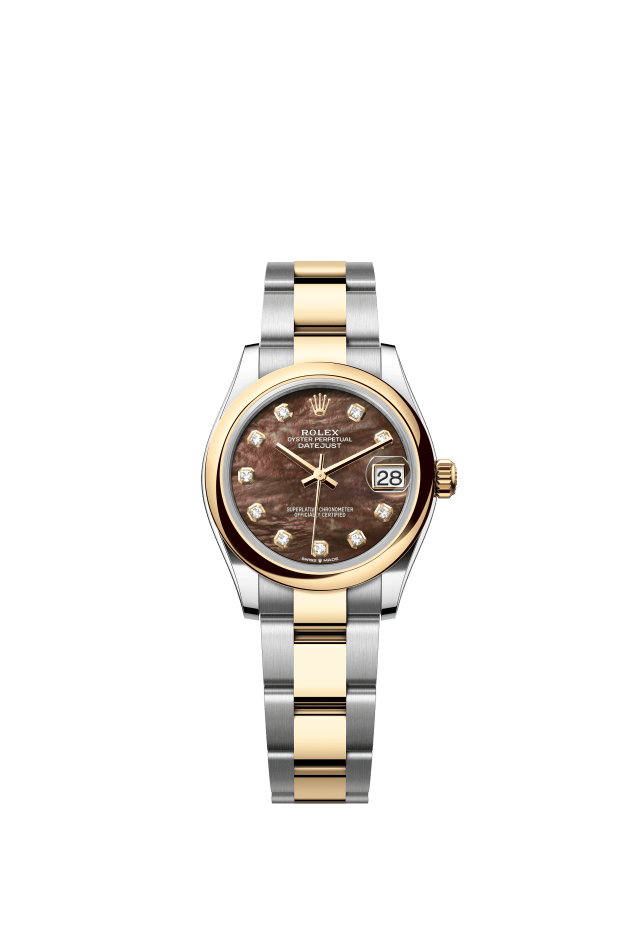 Rolex Datejust 31, Oyster, 31 mm, Oystersteel and yellow gold, black mother-of-pearl set with diamonds dial
