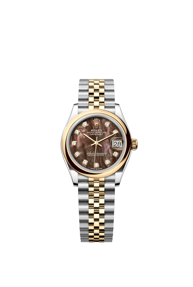 Rolex Datejust 31, Oyster, 31 mm, Oystersteel and yellow gold, black mother-of-pearl set with diamonds dial