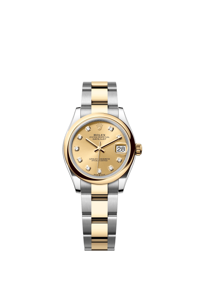 Rolex Datejust 31, Oyster, 31 mm, Oystersteel and yellow gold, champagne-colour set with diamonds dial