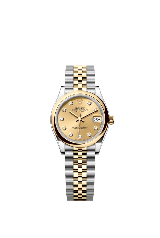 Rolex Datejust 31, Oyster, 31 mm, Oystersteel and yellow gold, champagne-colour set with diamonds dial
