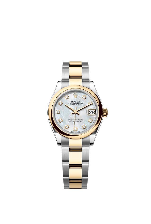 Rolex Datejust 31, Oyster, 31 mm, Oystersteel and yellow gold, white mother-of-pearl set with diamonds dial