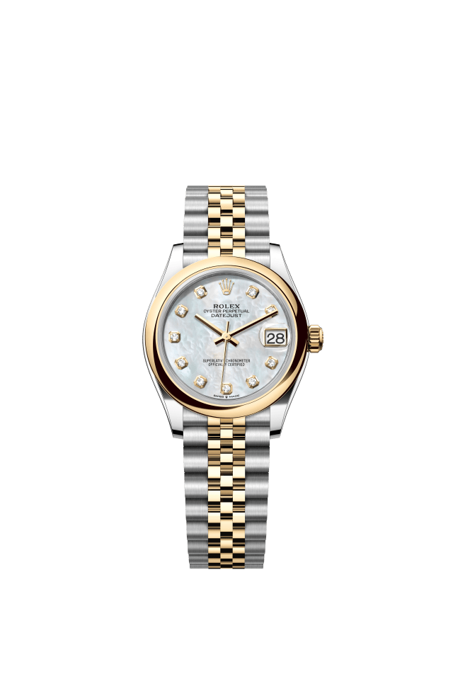 Rolex Datejust 31, Oyster, 31 mm, Oystersteel and yellow gold, white mother-of-pearl set with diamonds dial