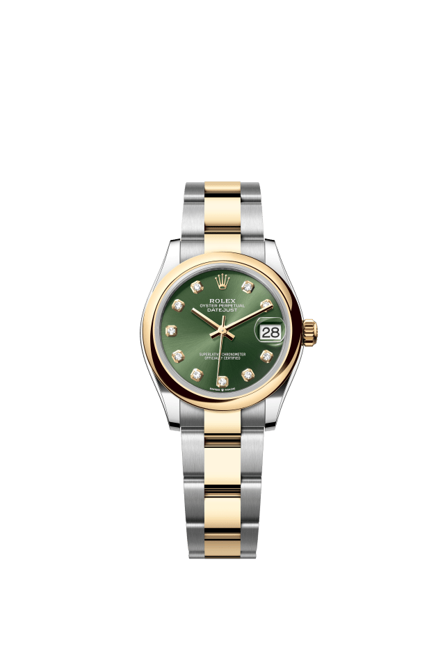 Rolex Datejust 31, Oyster, 31 mm, Oystersteel and yellow gold, olive green set with diamonds dial