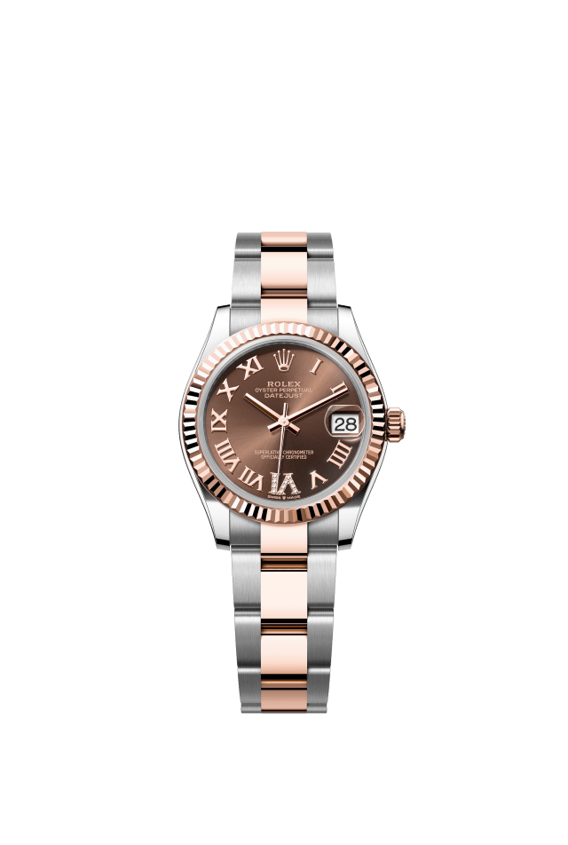 Rolex Datejust 31, Oyster, 31 mm, Oystersteel and Everose gold, chocolate set with diamonds dial