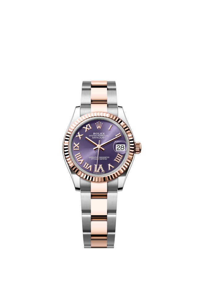 Rolex Datejust 31, Oyster, 31 mm, Oystersteel and Everose gold, aubergine set with diamonds dial