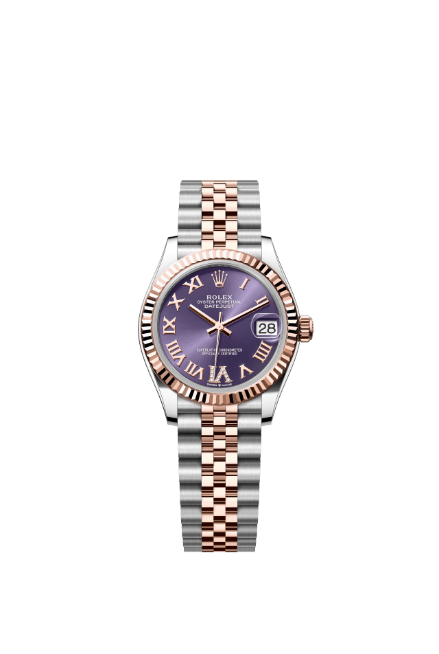Rolex Datejust 31, Oyster, 31 mm, Oystersteel and Everose gold, aubergine set with diamonds dial