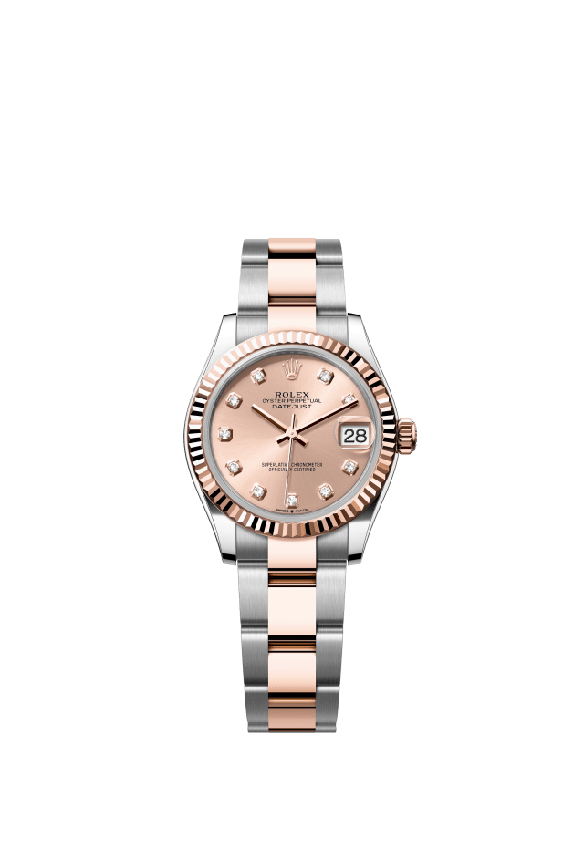 Rolex Datejust 31, Oyster, 31 mm, Oystersteel and Everose gold, rosé-colour set with diamonds dial