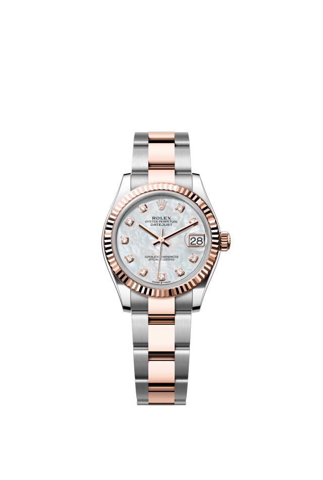 Rolex Datejust 31, Oyster, 31 mm, Oystersteel and Everose gold, white mother-of-pearl set with diamonds dial