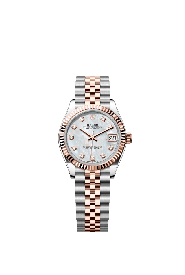 Rolex Datejust 31, Oyster, 31 mm, Oystersteel and Everose gold, white mother-of-pearl set with diamonds dial