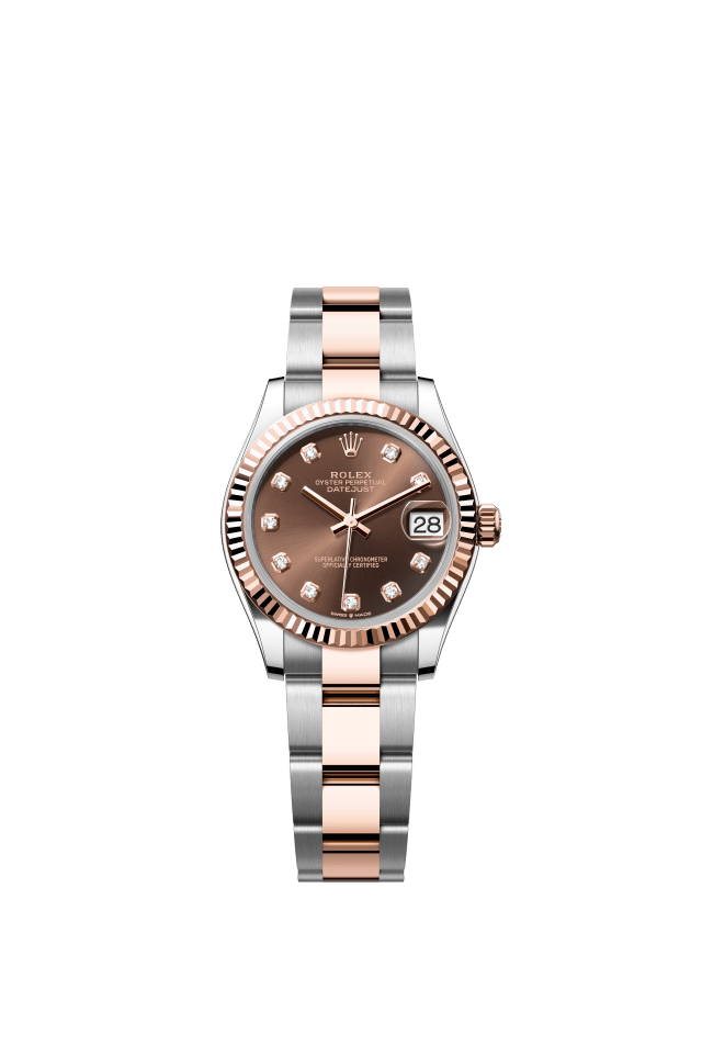 Rolex Datejust 31, Oyster, 31 mm, Oystersteel and Everose gold, chocolate set with diamonds dial