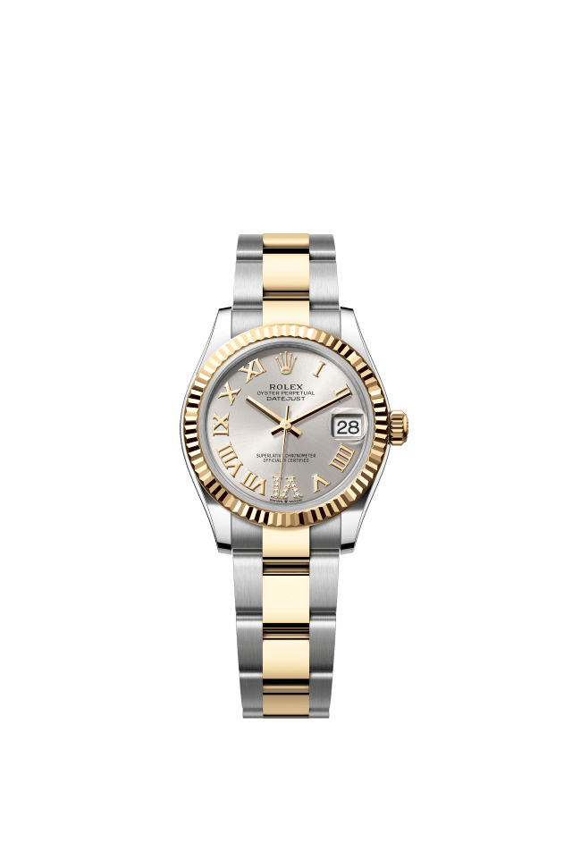 Rolex Datejust 31, Oyster, 31 mm, Oystersteel and yellow gold, silver set with diamonds dial