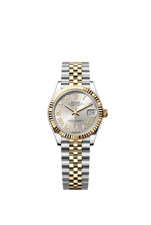 Rolex Datejust 31, Oyster, 31 mm, Oystersteel and yellow gold, silver set with diamonds dial