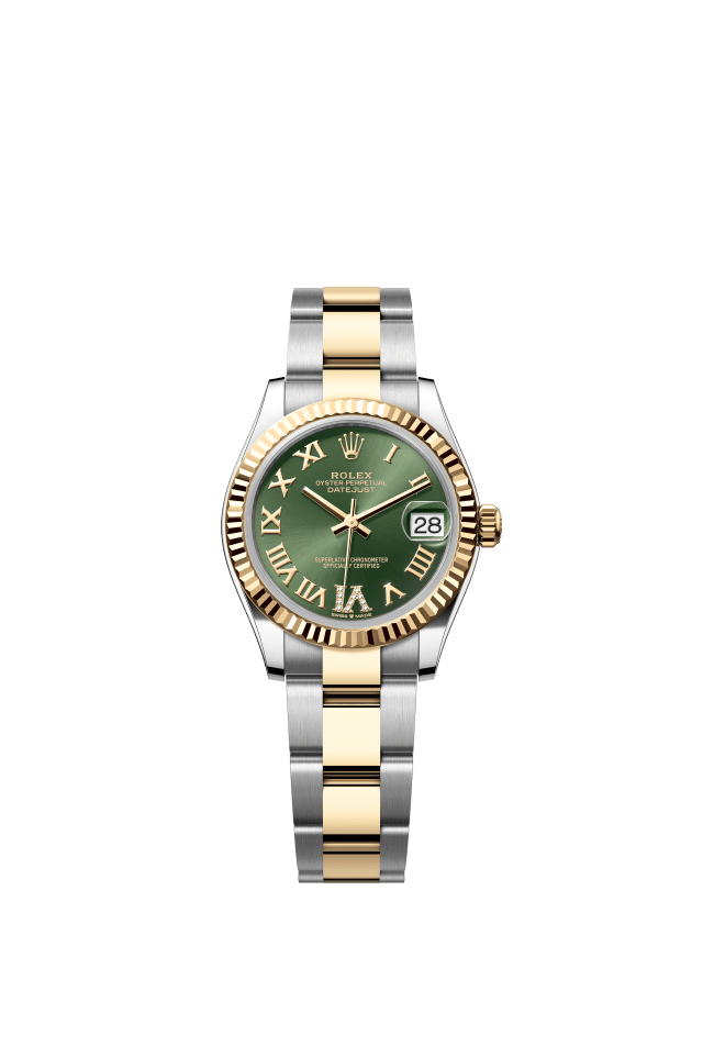 Rolex Datejust 31, Oyster, 31 mm, Oystersteel and yellow gold, olive green set with diamonds dial