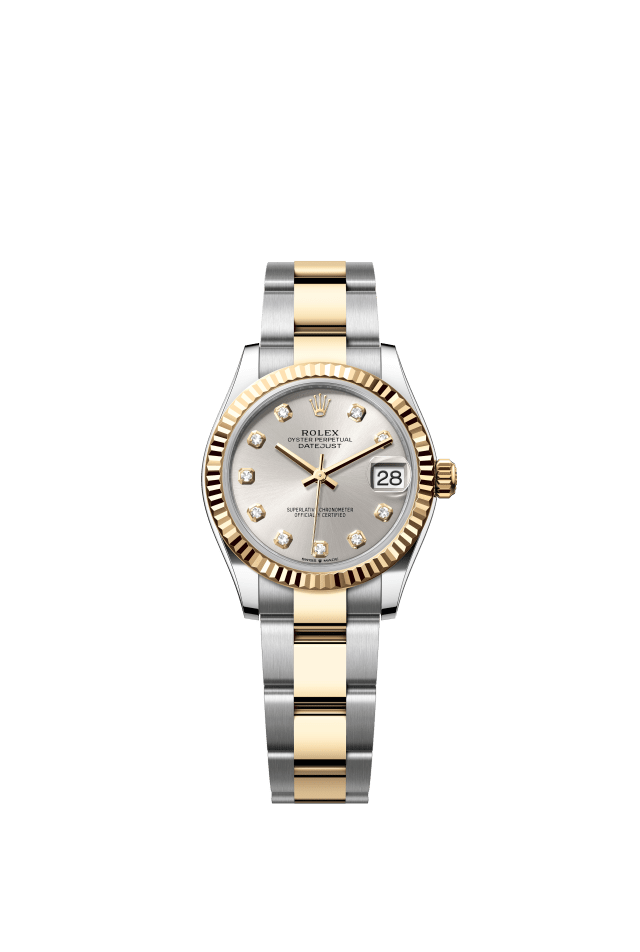 Rolex Datejust 31, Oyster, 31 mm, Oystersteel and yellow gold, silver set with diamonds dial