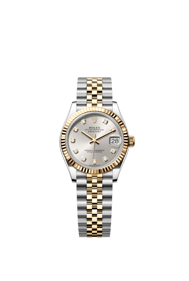 Rolex Datejust 31, Oyster, 31 mm, Oystersteel and yellow gold, silver set with diamonds dial