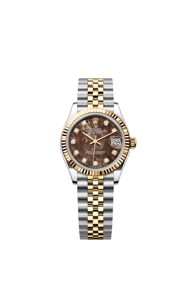 Rolex Datejust 31, Oyster, 31 mm, Oystersteel and yellow gold, black mother-of-pearl set with diamonds dial