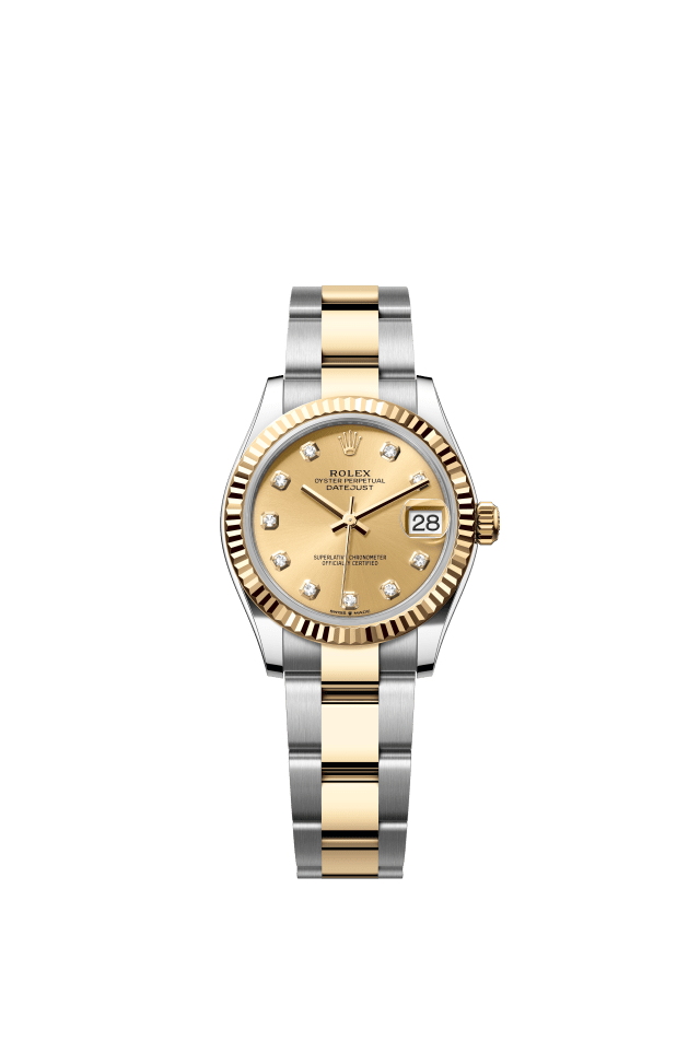 Rolex Datejust 31, Oyster, 31 mm, Oystersteel and yellow gold, champagne-colour set with diamonds dial