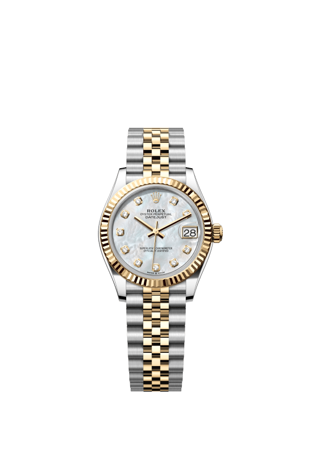 Rolex Datejust 31, Oyster, 31 mm, Oystersteel and yellow gold, white mother-of-pearl set with diamonds dial