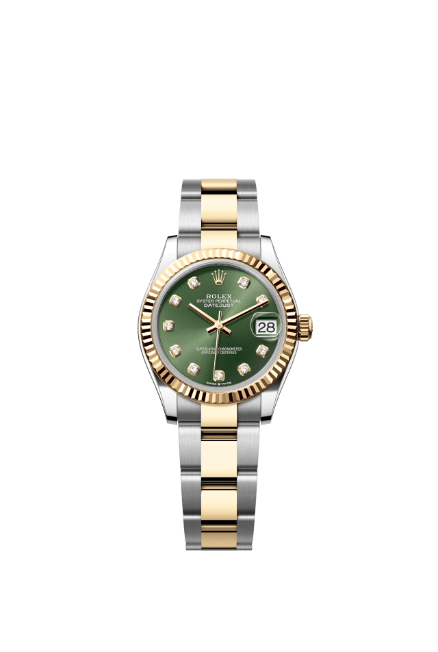 Rolex Datejust 31, Oyster, 31 mm, Oystersteel and yellow gold, olive green set with diamonds dial