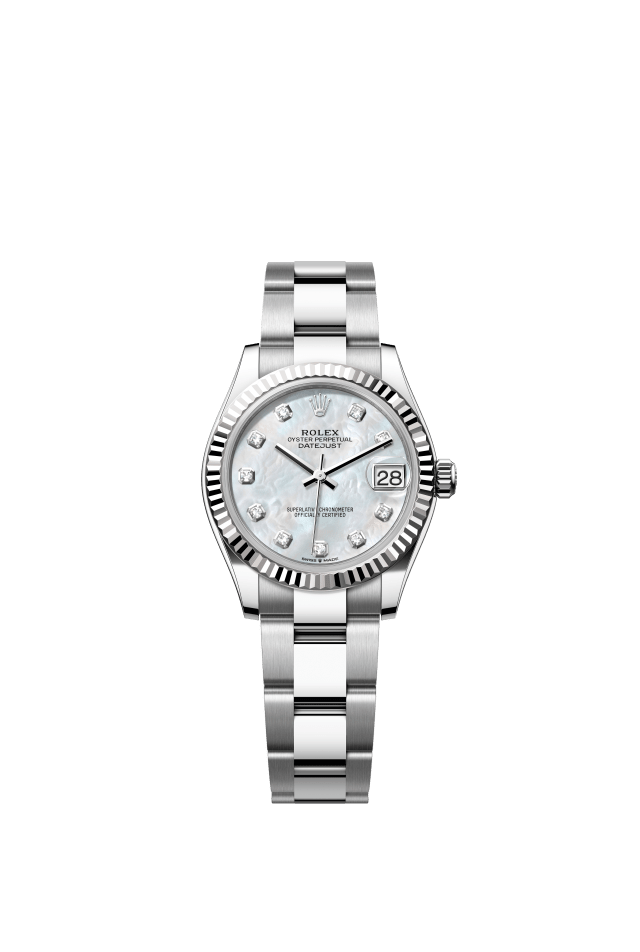 Rolex Datejust 31, Oyster, 31 mm, Oystersteel and white gold, white mother-of-pearl set with diamonds dial