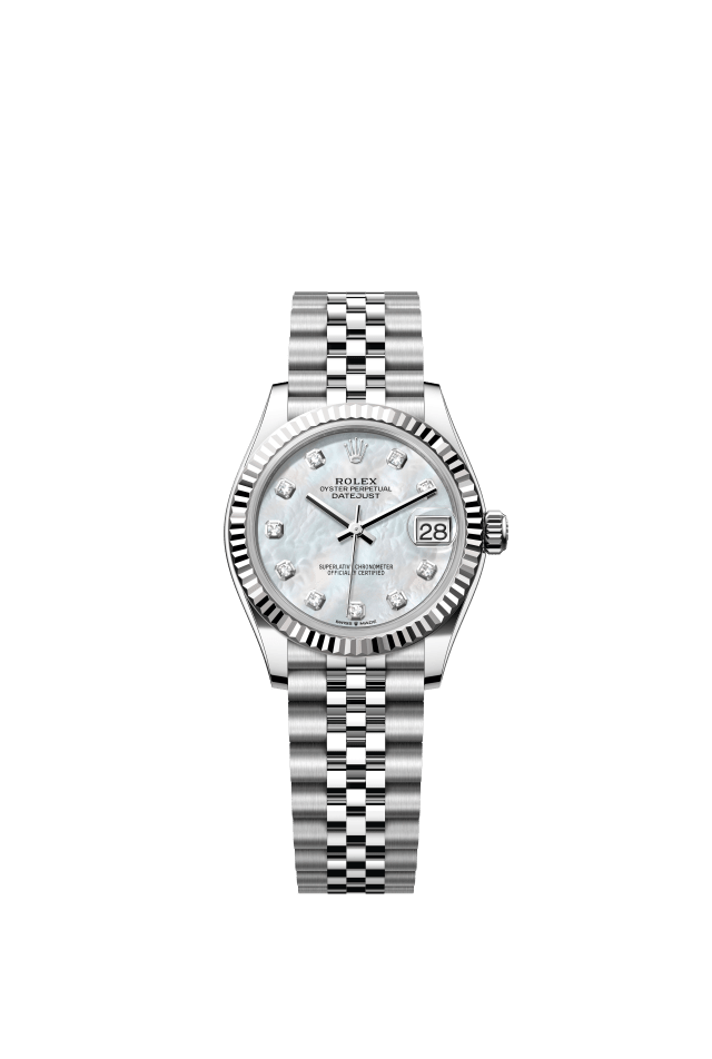 Rolex Datejust 31, Oyster, 31 mm, Oystersteel and white gold, white mother-of-pearl set with diamonds dial