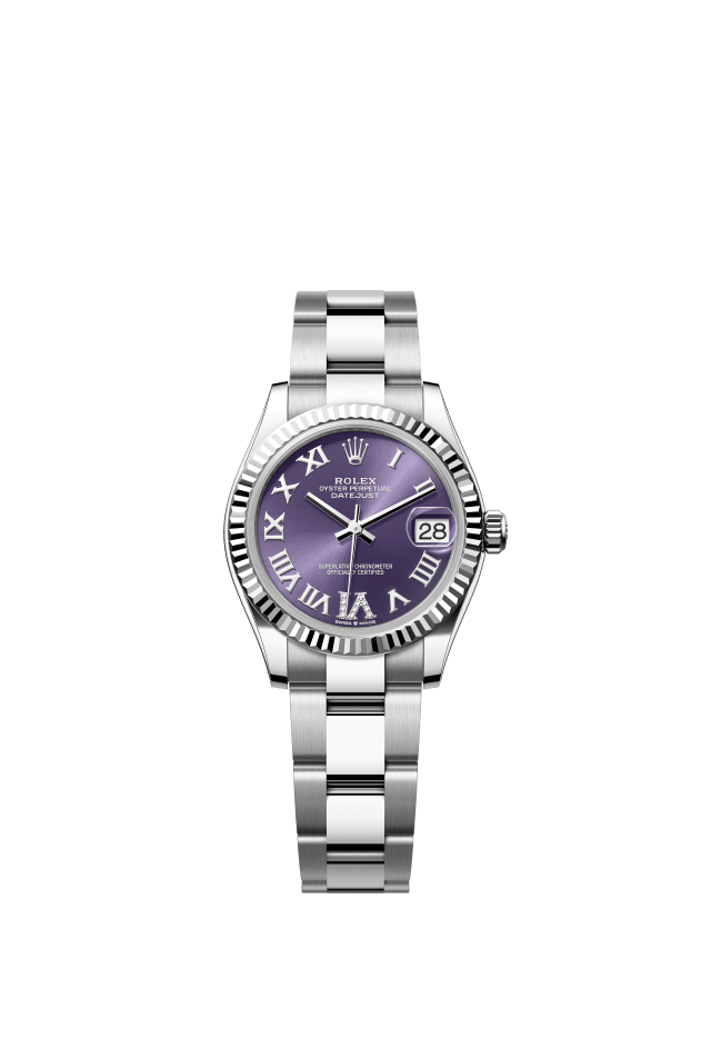 Rolex Datejust 31, Oyster, 31 mm, Oystersteel and white gold, aubergine set with diamonds dial