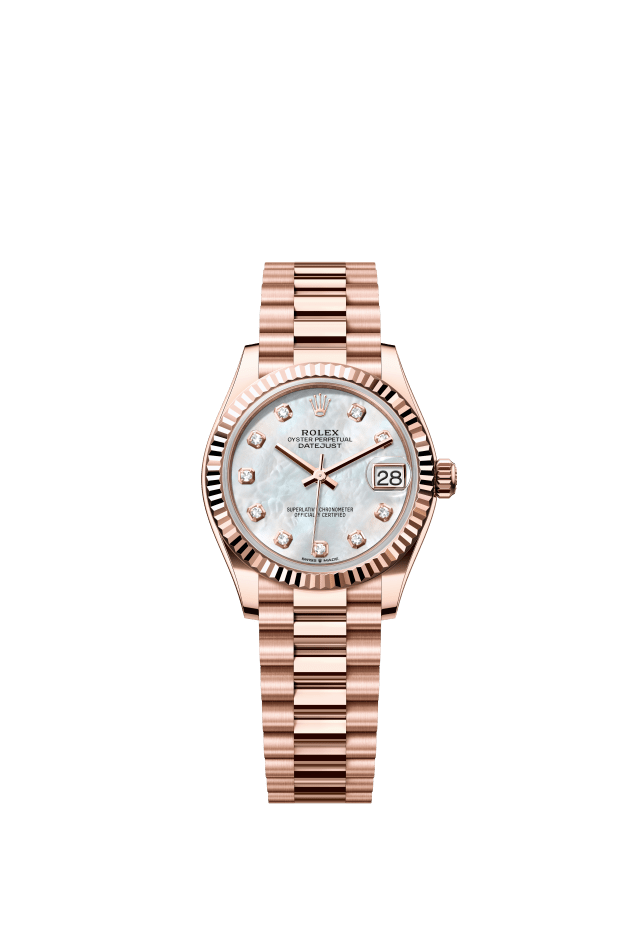 Rolex Datejust 31, Oyster, 31 mm, Everose gold, white mother-of-pearl set with diamonds dial
