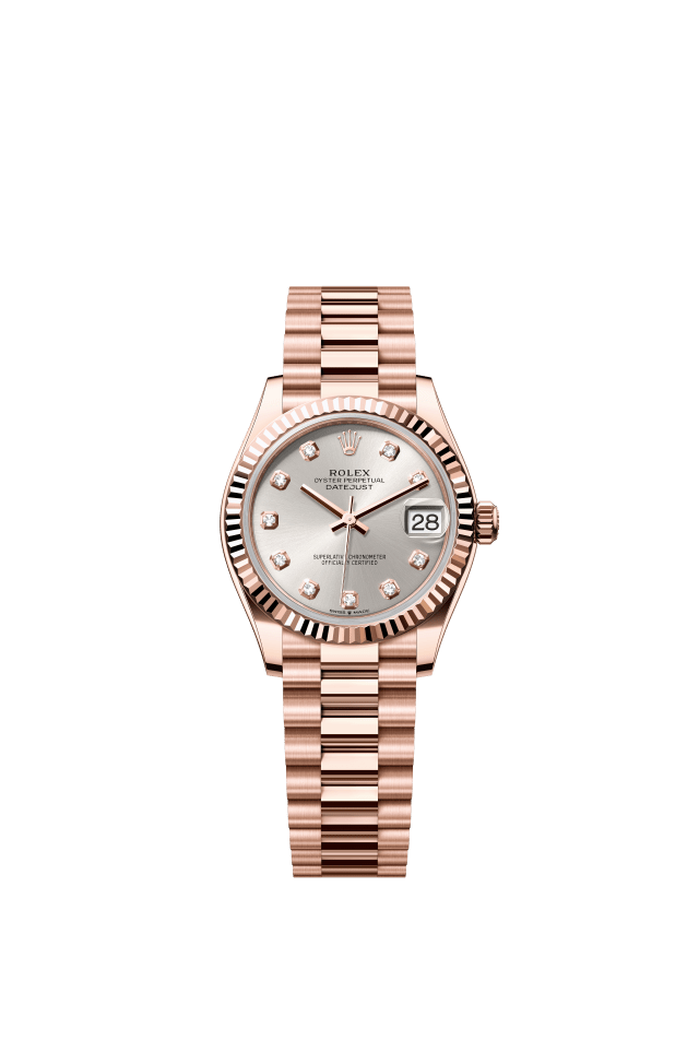 Rolex Datejust 31, Oyster, 31 mm, Everose gold, silver set with diamonds dial