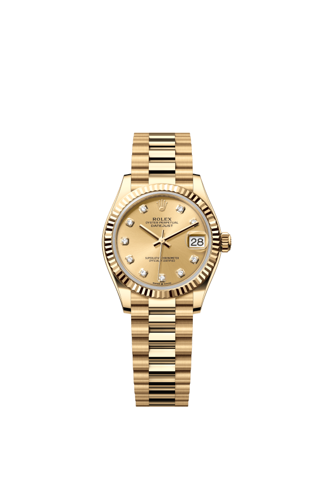 Rolex Datejust 31, Oyster, 31 mm, yellow gold, champagne-colour set with diamonds dial