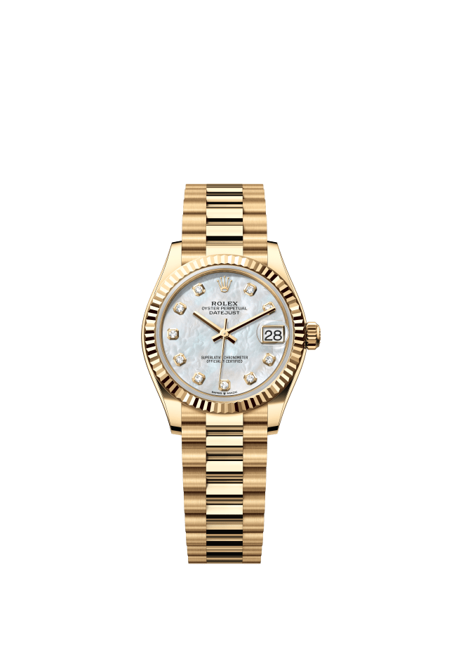 Rolex Datejust 31, Oyster, 31 mm, yellow gold, white mother-of-pearl set with diamonds dial