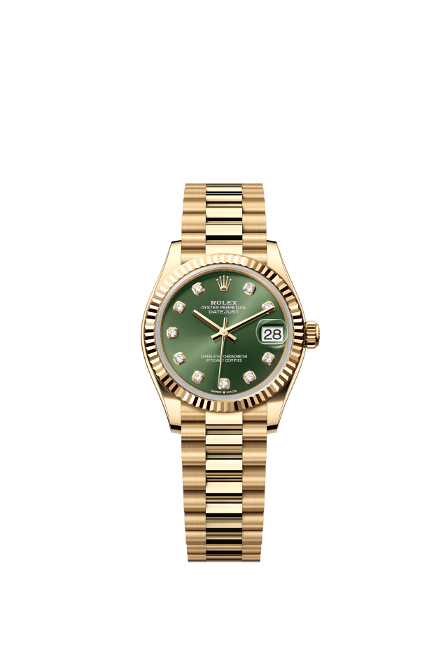 Rolex Datejust 31, Oyster, 31 mm, yellow gold, olive green set with diamonds dial