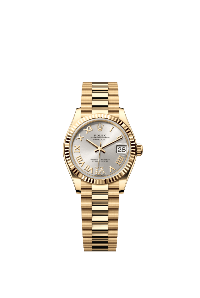 Rolex Datejust 31, Oyster, 31 mm, yellow gold, silver set with diamonds dial