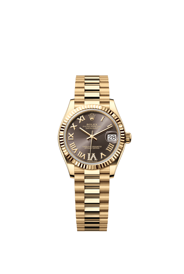 Rolex Datejust 31, Oyster, 31 mm, yellow gold, dark grey set with diamonds dial