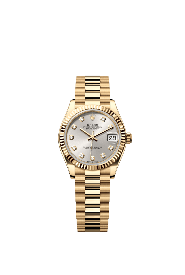 Rolex Datejust 31, Oyster, 31 mm, yellow gold, silver set with diamonds dial