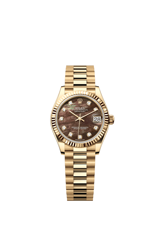 Rolex Datejust 31, Oyster, 31 mm, yellow gold, black mother-of-pearl set with diamonds dial