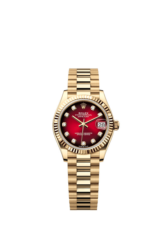 Rolex Datejust 31, Oyster, 31 mm, yellow gold, red ombré set with diamonds dial