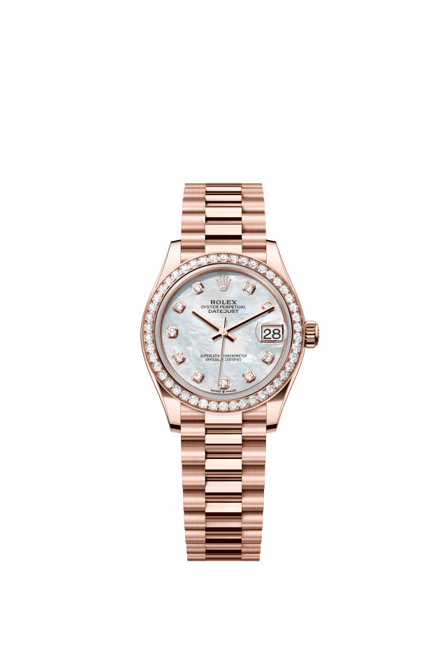 Rolex Datejust 31, Oyster, 31 mm, Everose gold and diamonds, white mother-of-pearl set with diamonds dial
