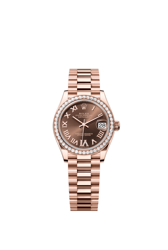 Rolex Datejust 31, Oyster, 31 mm, Everose gold and diamonds, chocolate set with diamonds dial