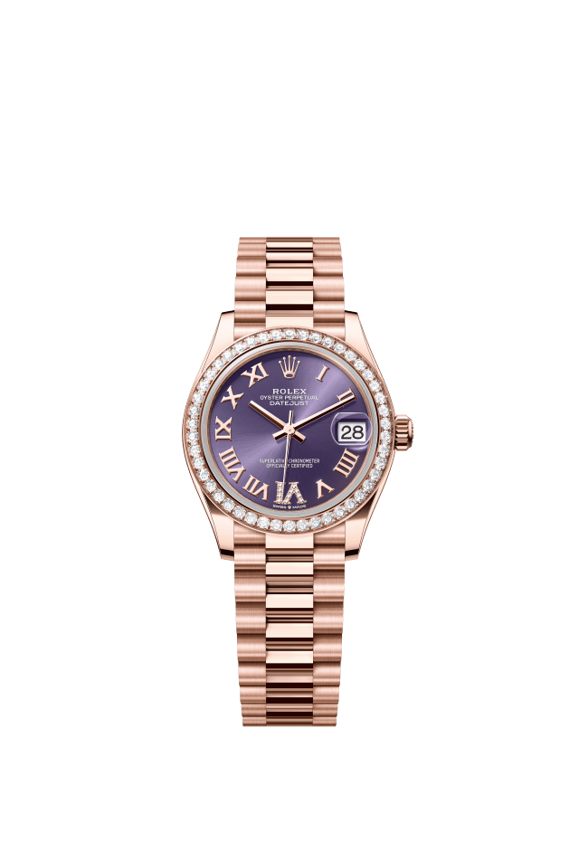 Rolex Datejust 31, Oyster, 31 mm, Everose gold and diamonds, aubergine set with diamonds dial