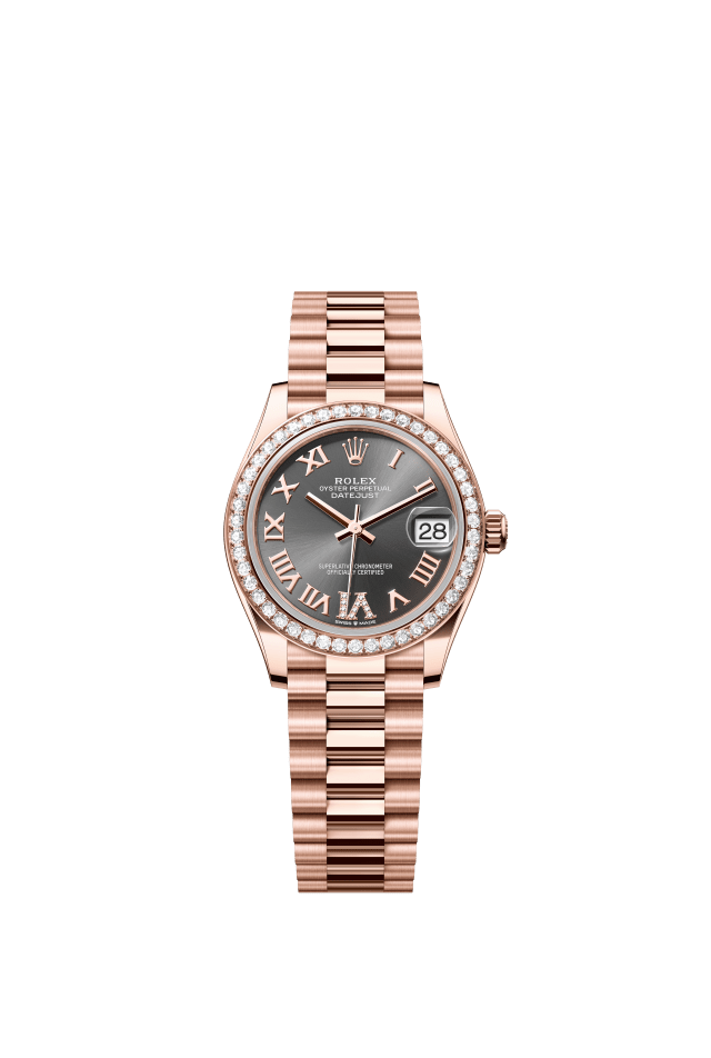 Rolex Datejust 31, Oyster, 31 mm, Everose gold and diamonds, slate set with diamonds dial