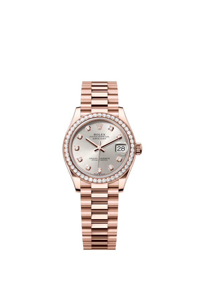 Rolex Datejust 31, Oyster, 31 mm, Everose gold and diamonds, silver set with diamonds dial