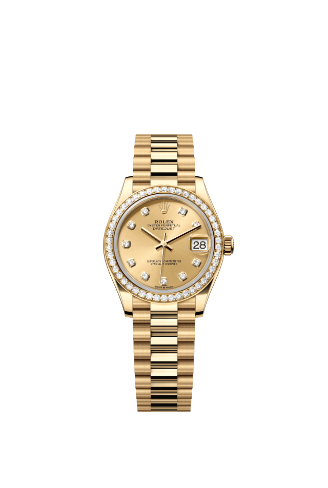 Rolex Datejust 31, Oyster, 31 mm, yellow gold and diamonds, champagne-colour set with diamonds dial