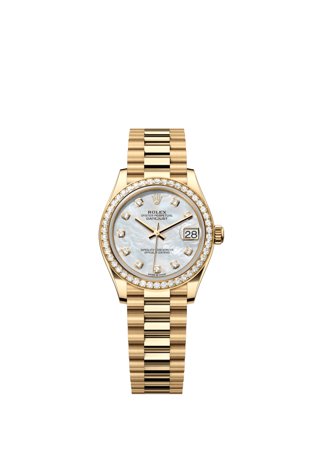 Rolex Datejust 31, Oyster, 31 mm, yellow gold and diamonds, white mother-of-pearl set with diamonds dial