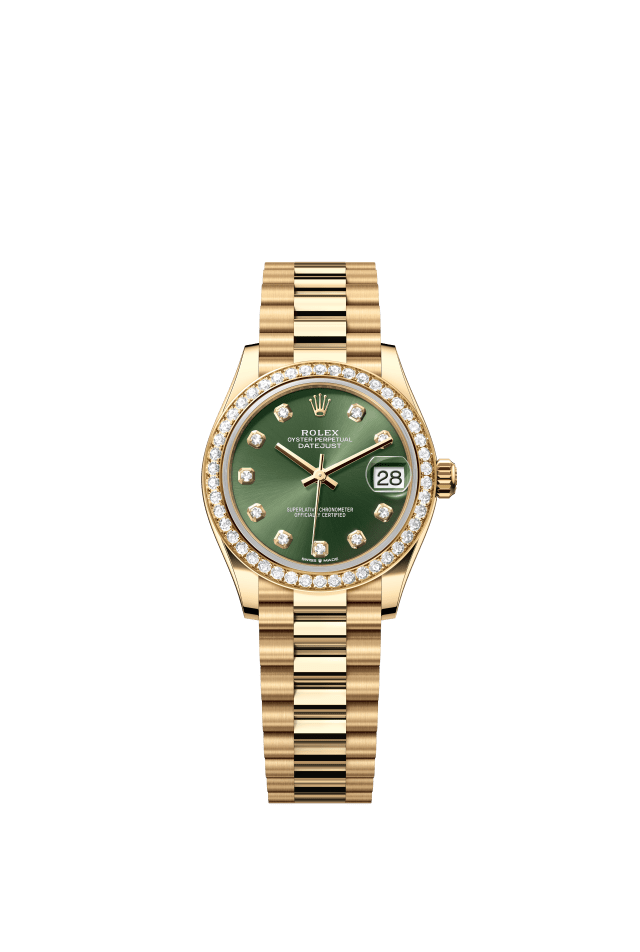 Rolex Datejust 31, Oyster, 31 mm, yellow gold and diamonds, olive green set with diamonds dial